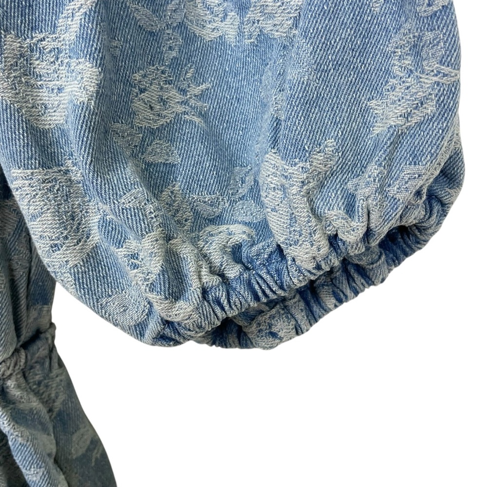 Miou Muse Denim + Roses Bow Front A-Line Mini Dress Puff Sleeves Blue Size S - Picture 6 of 13